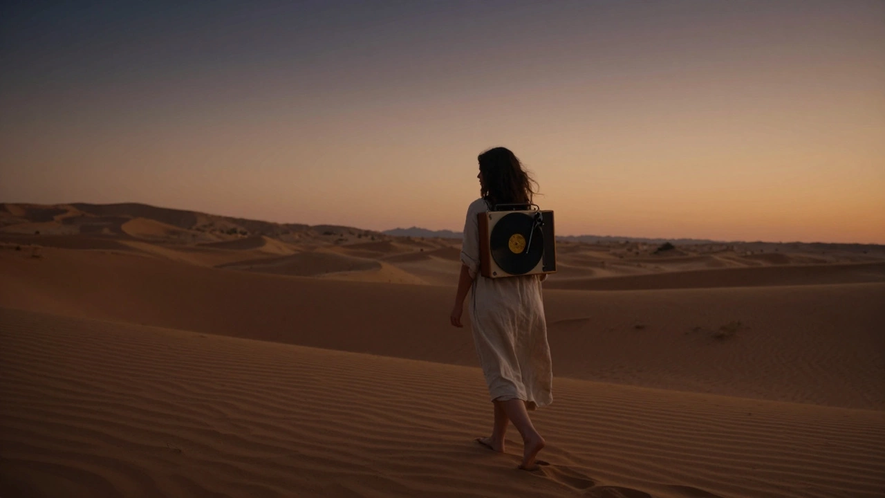 A woman walks through desert dunes at dusk with a vintage record player, surrounded by the quiet beauty of the Hajar Mountains.